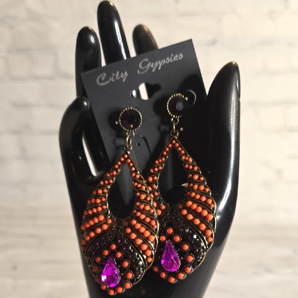 Orange and Purple Teardrop Earrings